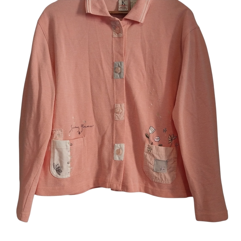 Vintage Koret Size Large Pink Spring Flowers Embroidered Cottagecore Cardigan - Picture 6 of 13